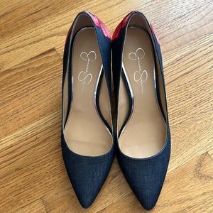 Jessica Simpson Lannah Floral Embroidered Denim Blue Block Heels-Size 9M